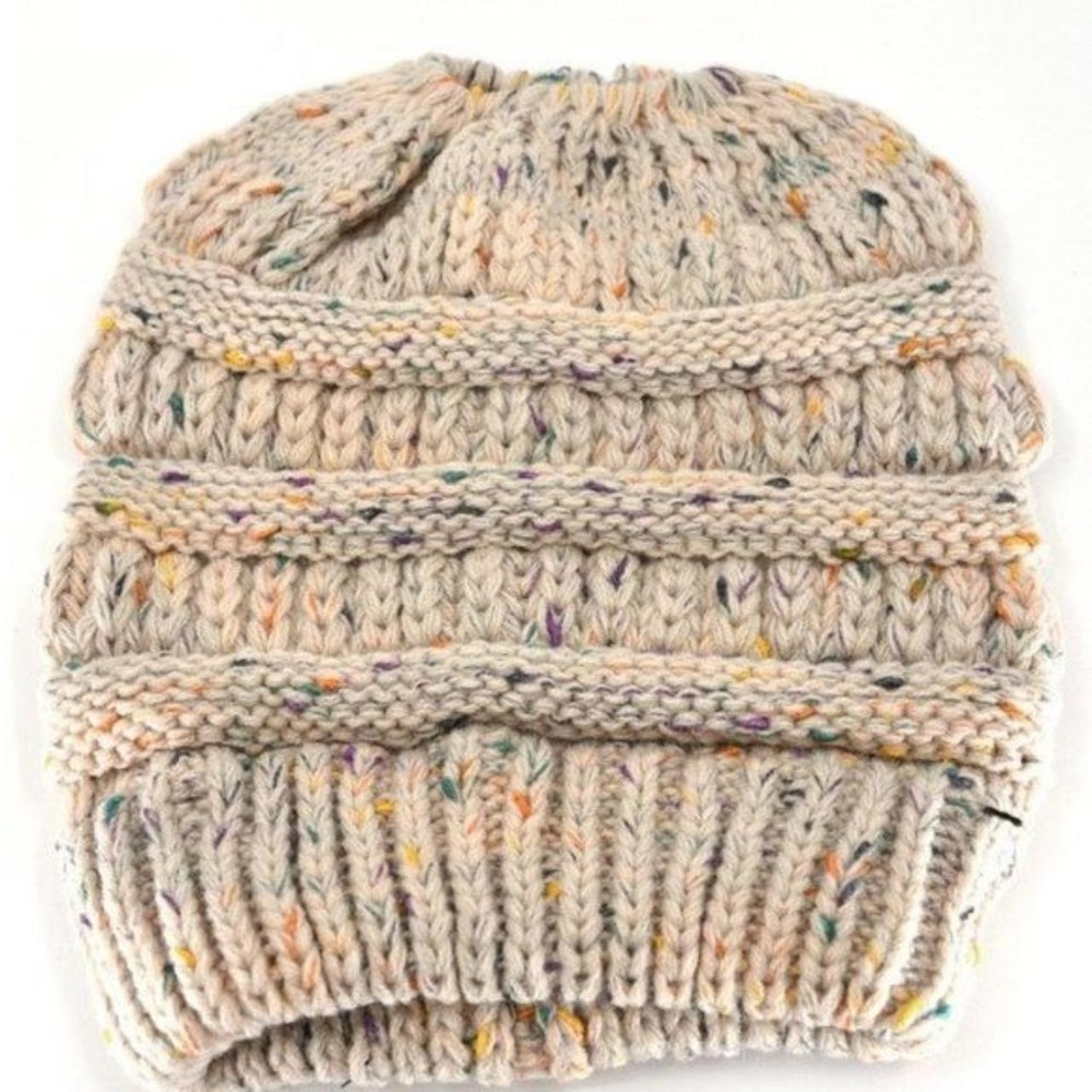 Ponytail Knit Messy Bun Hat Confetti Knit Winter Beanie NEW